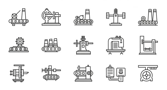 Industrial machinery and factory equipment icons.