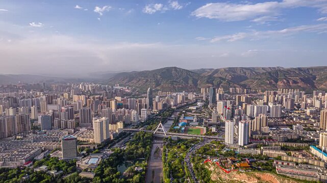 Aerial View of Lanzhou China Skyline and Mountains