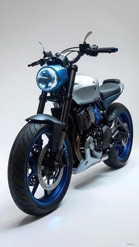 Sleek silver and blue custom motorcycle with modern round headlight