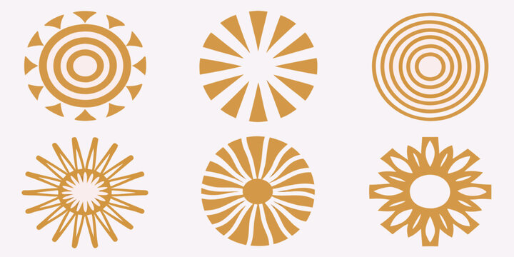 Golden sun spiral designs set of six abstract vector illustrations