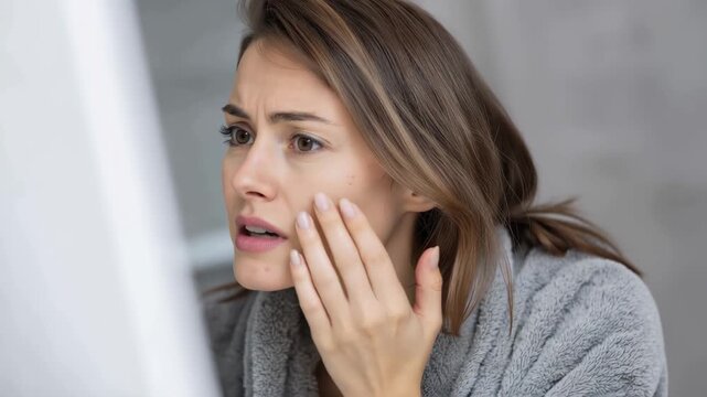 Concerned woman looks at her skin closely in the mirror while touching her face in a bathroom setting during daytime