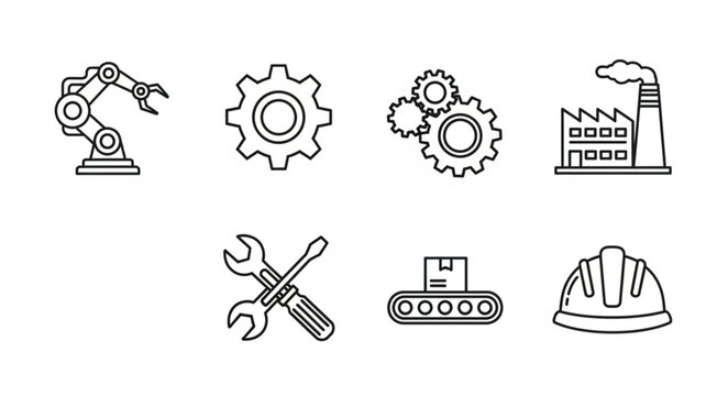 Industrial tools and machinery icons set.