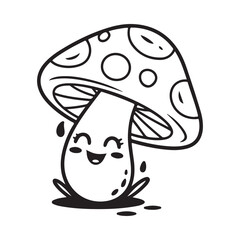 Cartoon mushroom with a smiling face black and white line drawing © MdABULKALAM