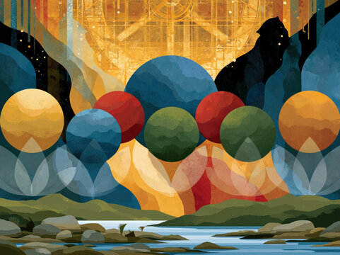 Vibrant spheres float above a calm riverbed