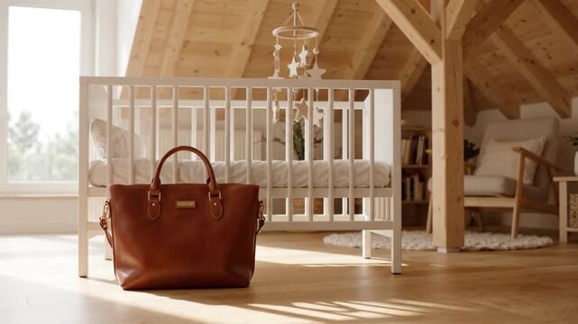 Brown leather bag on wooden floor in cozy nursery with white crib, wooden furniture, slanted ceiling, warm light, baby mobile, and armchair creating inviting atmosphere