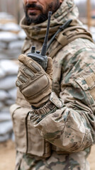 Obraz premium Soldier's Vigil: A seasoned soldier, clad in camouflage gear, maintains a watchful presence, clutching a communication device, embodying readiness and resolve.