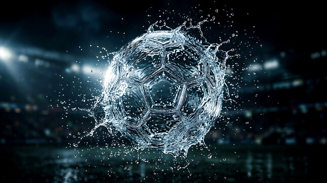 Dynamic Water Splash Soccer Ball Concept: Action-Oriented Liquid Football in Dark Stadium Lights