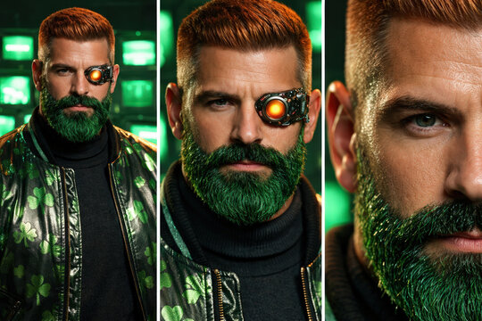 Futuristic man with vibrant green beard and cybernetic eye implant
