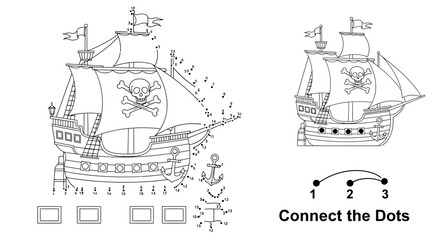 Pirate ship, connect the dots, kids activity, coloring book, vector illustration, nautical theme © Steven