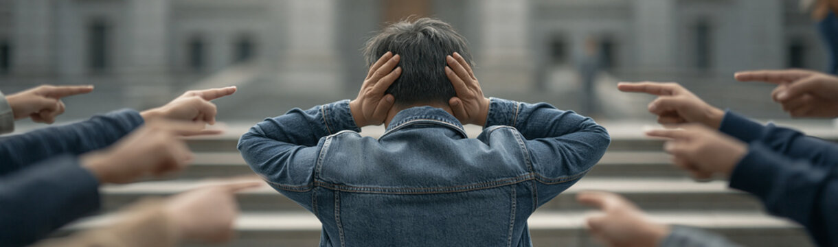 Facing Accusations: A person covers their ears while being targeted by accusatory fingers, symbolizing intense pressure and blame.