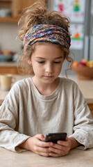 Fototapeta premium Focused Child with Smartphone: A young girl, lost in thought, gazes intently at her smartphone. Her concentration is palpable. Her headband add a splash of color to the scene.