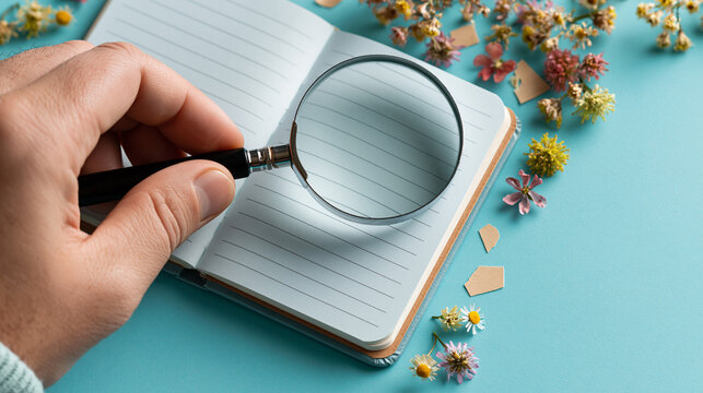 Close-up of Investigation: An inquisitive hand holds a magnifying glass over a blank notebook, surrounded by delicate flora, symbolizing exploration and discovery.