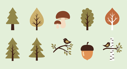 Autumn forest nature icons set, flat vector woodland elements with trees and birds, minimalist fall season botanical illustrations for branding © Qarshi Stock