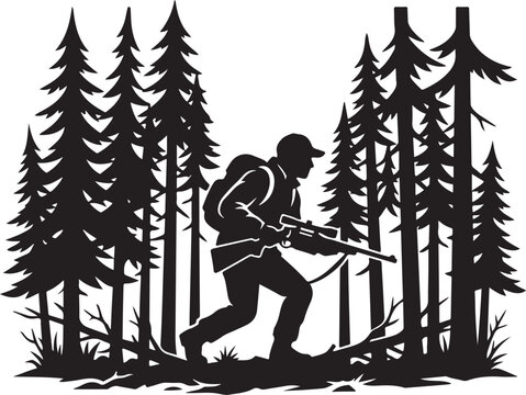 hunter, silhouette, black, forest, trees, vector, illustration, outdoors, wildlife, hunting