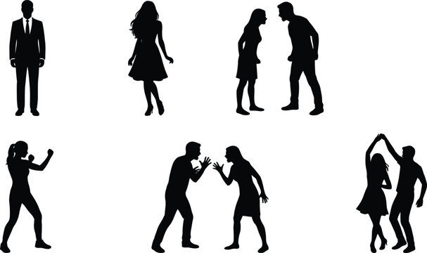 Human silhouettes set showing business man woman arguing dancing and fighting poses isolated vector illustration collection