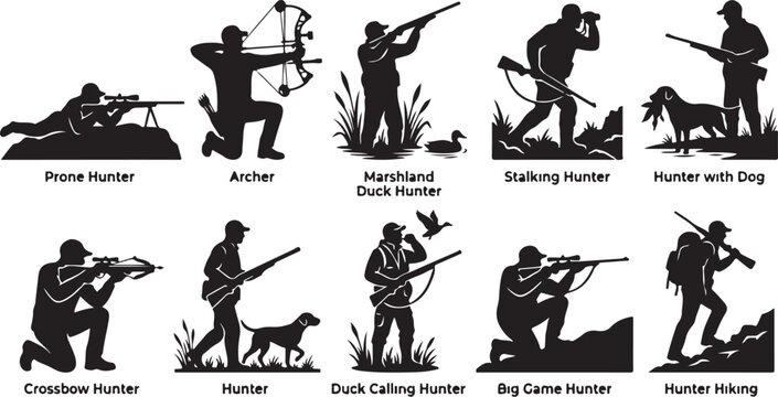 Hunting icons, black silhouette set, 10 hunter poses, outdoor adventure graphics, wildlife hunting symbols