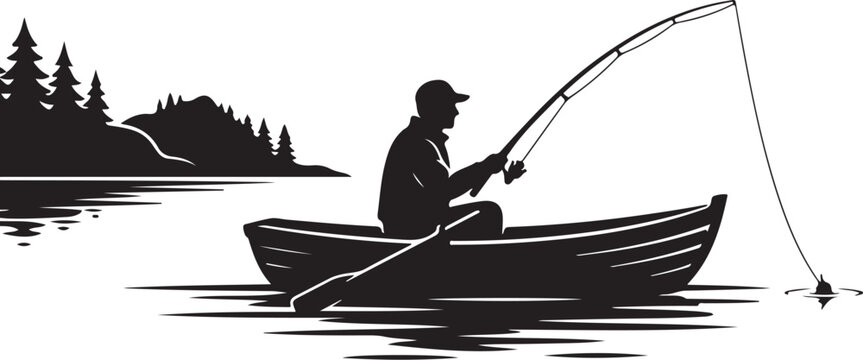 Fishing, Silhouette, Vector, Black, Illustration, Man, Boat, Lake, Nature, Recreation