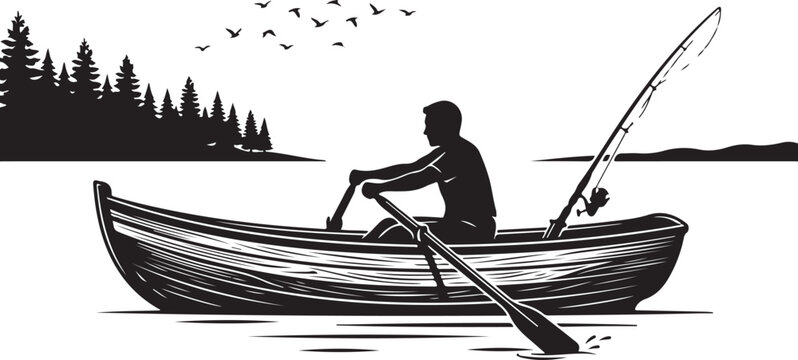 Fishing boat, man rowing, serene lake scene, vector illustration, black and white