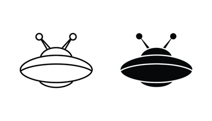 Ufo flying saucer with antennas vector set featuring iconic alien spacecraft in solid silhouette and line art styles for science fiction and outer space themed graphic design and creative projects © Ryan