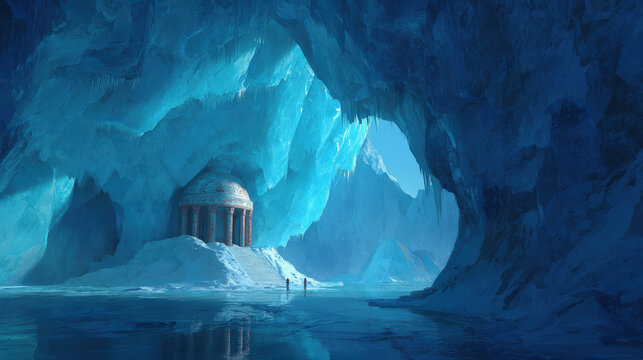 Ice cavern glows with ethereal blue light