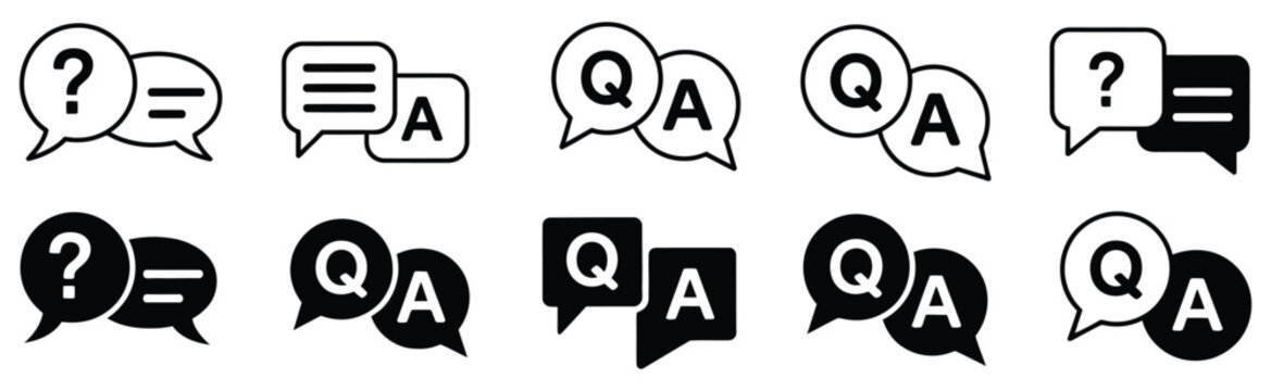 Chat question and answer icon set featuring help bubble elements for FAQ support system and digital conversation interface