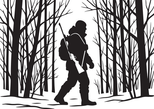 hunter silhouette, black and white illustration, winter forest scene, vector icon