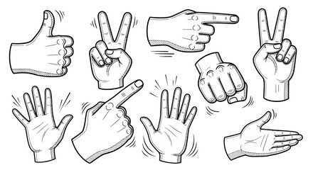 Fototapeta premium Set of hand gestures and signals in sketch style, isolated on white background