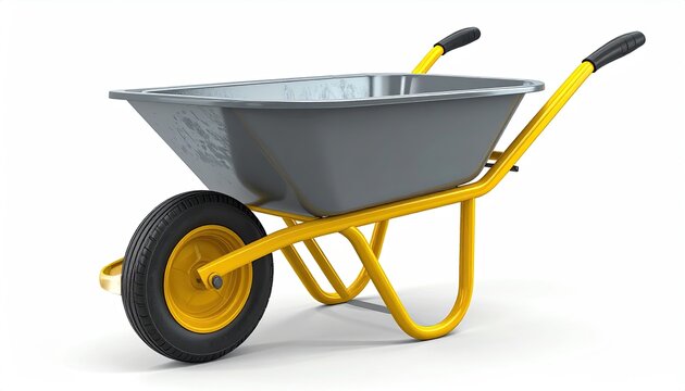 A gray wheelbarrow with bright yellow frame and handles, isolated on white