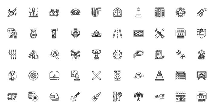 Auto racing icon set. Minimalist vector illustration. Featuring spark plug, podium, steering wheel, helmet, trophy, pit stop, racing car, speedometer, finish line, and more. Editable stroke.
