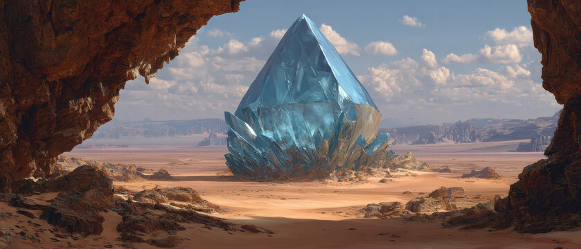 Giant blue crystal stands in arid desert landscape