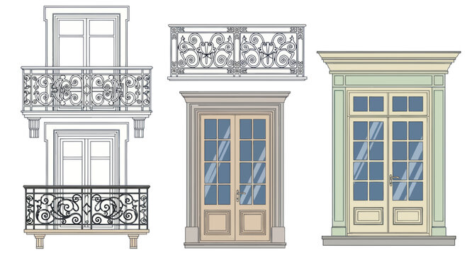 Ornate Balconies and Classical Doors Vector Illustration