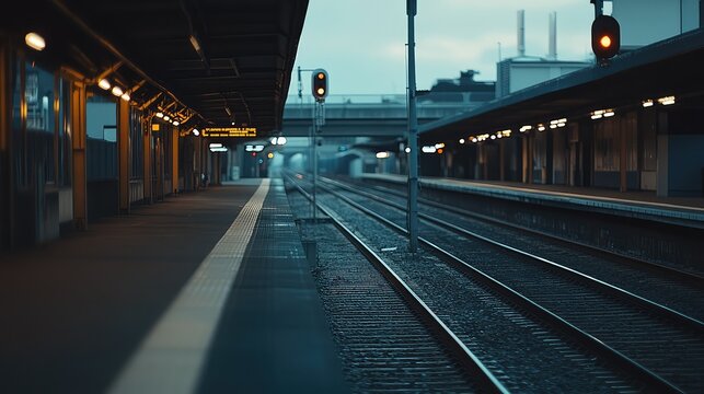 Empty train station platform at sunset awaiting departure