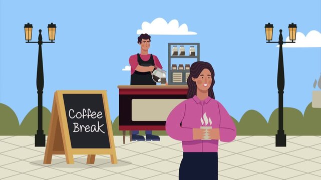 Flat design animation of outdoor coffee stand with barista serving customers in park setting.