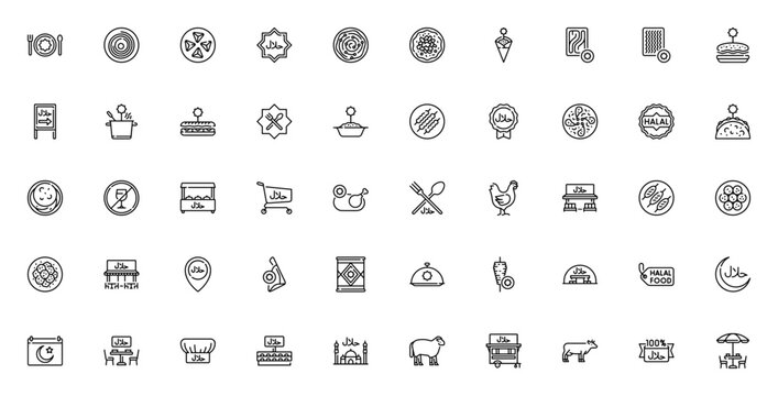 Halal Food icon set. Vector illustration featuring Restaurant, Noodles, Samsa, Kebab, Shawarma, Falafel, Hummus, Lamb, Beef, Chicken, Market, Mosque, Crescent moon, and more.