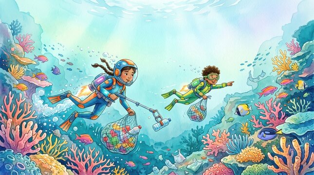 Young divers collect plastic pollution from a vibrant coral reef, protecting diverse marine fish