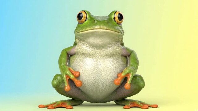 A small frog dancing like a viral meme, exaggerated hip movements, loopable animation, simple background, highly expressive, cute and funny, smooth motion.