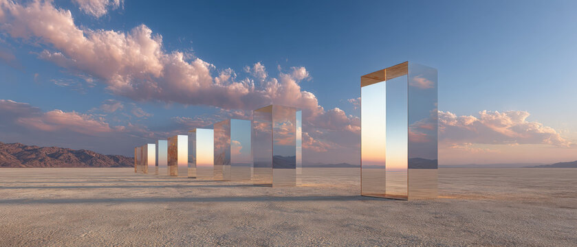Mirror columns rise from desert floor