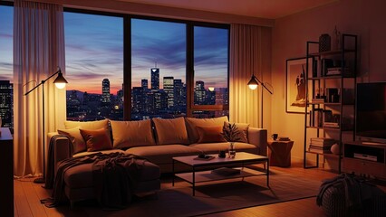 Fototapeta premium Cozy Living Room with City Skyline View at Dusk.