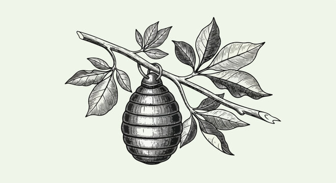 Vintage beehive engraving on tree branch, antique botanical illustration of a wild bee nest, hand drawn woodcut style apiary vector art