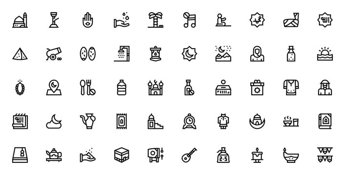Ramadan icon set. Islamic vector illustration pack. Minimal linear icons. Featuring mosque, moon, dates, lantern, Quran, prayer, fasting, iftar, tasbih, kaaba and more.