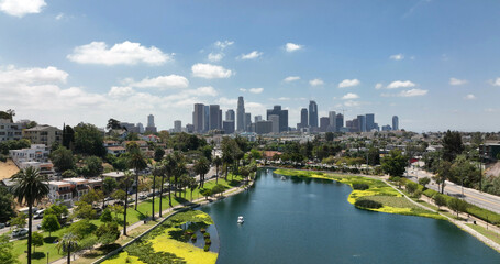 Los Angeles skyline blue sky urban panorama. Los Angeles downtown skyline financial center. Los Angeles modern architecture skyscraper skyline. Los Angeles aerial cityscape sunny day. © Volodymyr