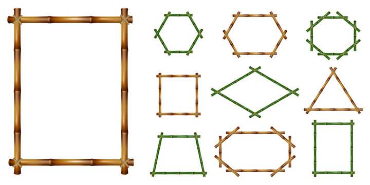 Realistic green and brown bamboo frames. Geometric structures made of natural cane stalks. Isolated wooden borders of various shapes. Tree trunks. Vector summer beach frameworks set