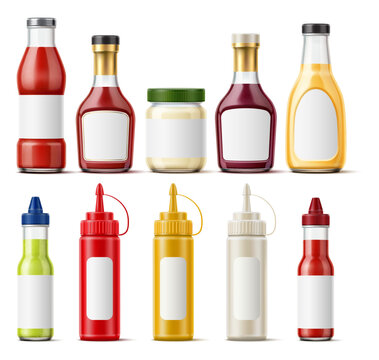 Realistic glass and plastic sauce bottles. Insulated 3D containers for liquid condiments. Blank label stickers. Mayo seasoning. Mustard and BBQ ketchup. Isolated packaging mockup vector set
