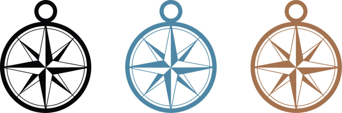 Compass navigation icon set, vintage wind rose symbols in multiple colors representing direction travel exploration and adventure map design elements.