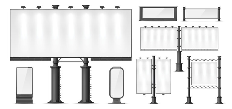 Realistic empty urban billboards. Marketing announcement boards. Street placards. Advertising spaces. Fence modules display. Roadside promotion signpost. Illuminated 3D banners vector set