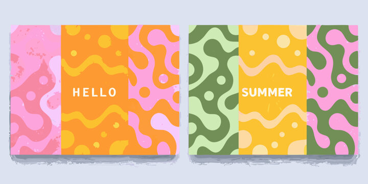 Colorful abstract wavy pattern cards with summer and hello text