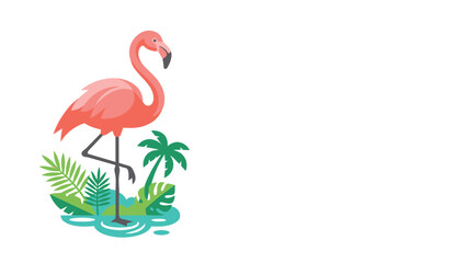 Tropical flamingo bird standing in a lagoon with palm trees and exotic leaves, colorful flat vector illustration for summer travel, wildlife nature and vacation design background. © AbdulRehman
