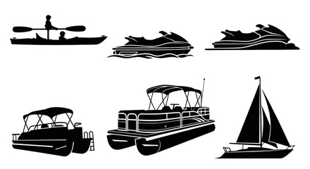 Watercraft Silhouettes: Kayak, Jet Ski, Pontoon Boat, Sailboat © wati