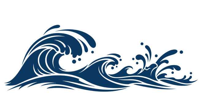 Stylized Blue Ocean Waves Splash Isolated on White Background