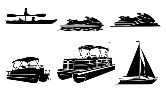 Watercraft Silhouettes: Kayak, Jet Ski, Pontoon Boat, Sailboat